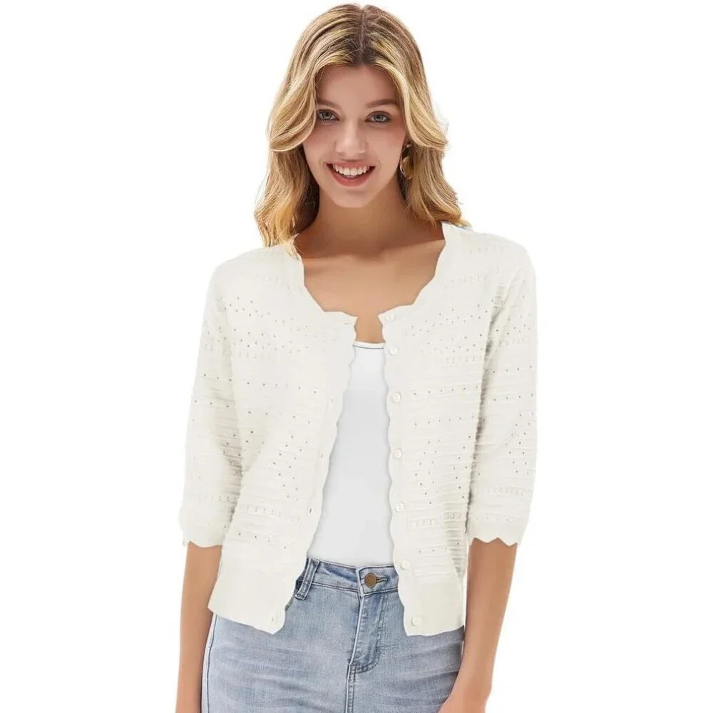 ❤️GRACE White KARIN Cardigan for Women Short Sleeve Cropped Knit Cardigan - Picture 2 of 8